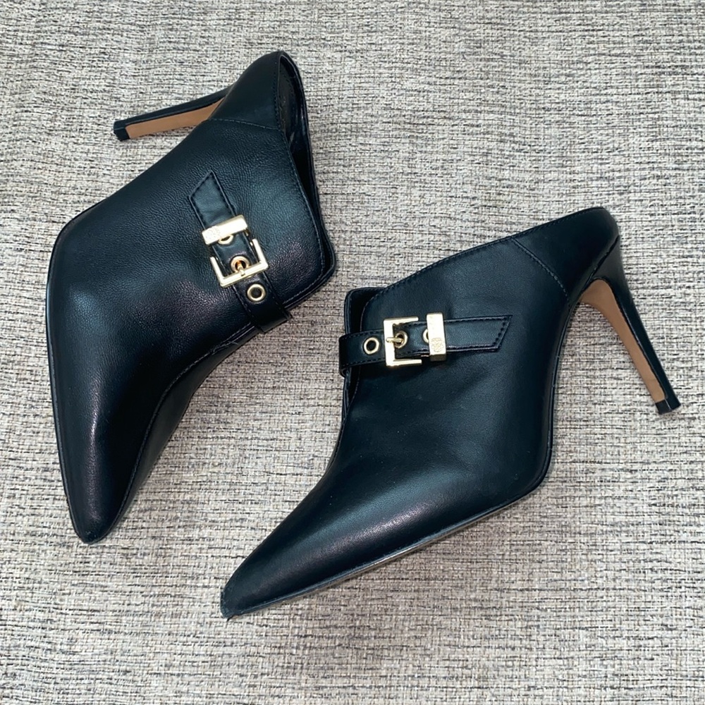 Vince Camuto "Maskelynn" Genuine Leather Pointed Buckle Heeled Mules